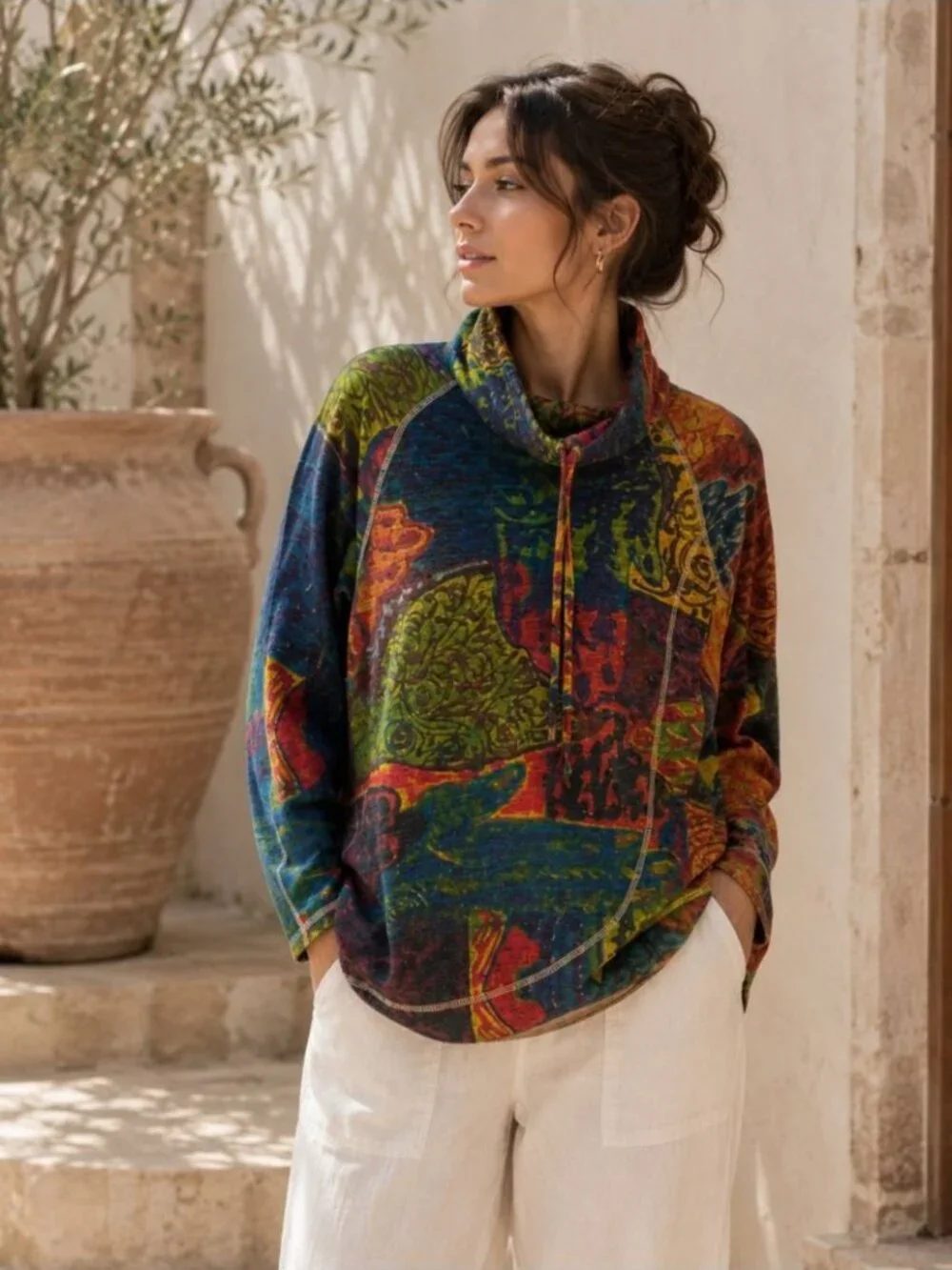 Funsport Tunic Sweater Multicolor Patch Printes Boho Artsy Festival Chic Medium